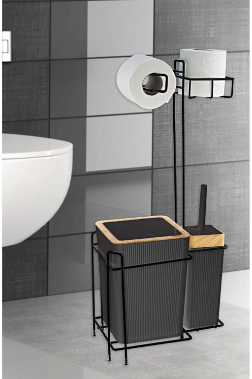 Ahşap Desenli Metal Standlı Yedekli Wc Kağıtlık Banyo Seti Siyah
